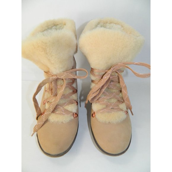 J. Crew 9M Shoes Nordic Wedge Boots Snow Bootie Leather Fur Nude Beige Rose Lace - Picture 3 of 16